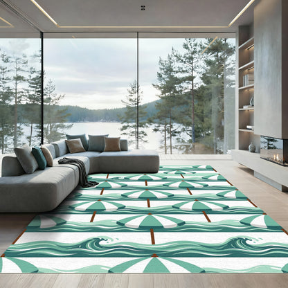 Aqua Summer Beach Umbrellas Waves Rug