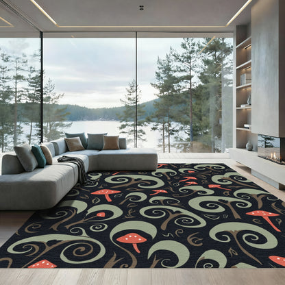 Whimsical Red Mushroom Swirls Rug