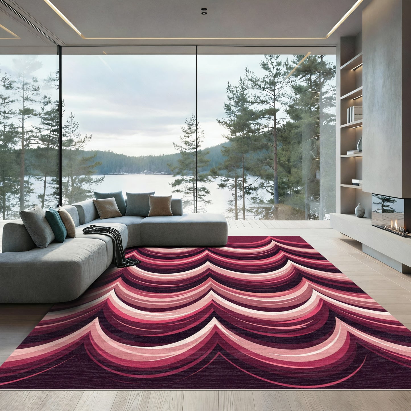 Crimson Abstract Wave Bands Rug