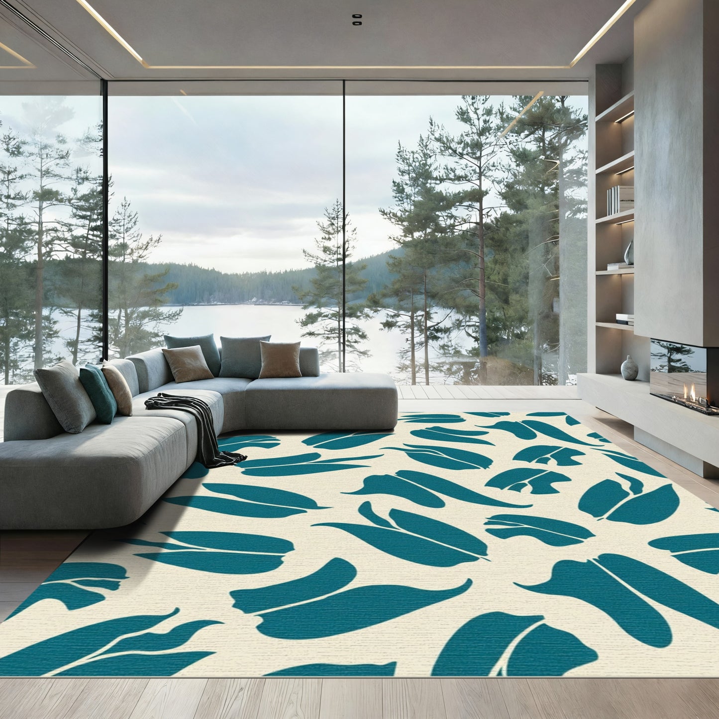 Teal Leaf Abstract Botanical Composition Rug
