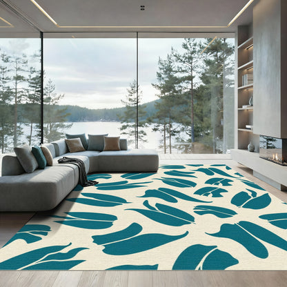 Teal Leaf Abstract Botanical Composition Rug