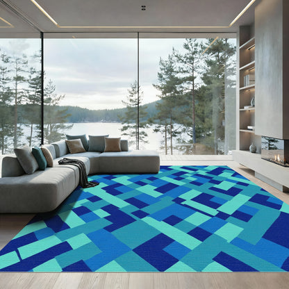 Ocean Blue Interlocking Geometric Rug
