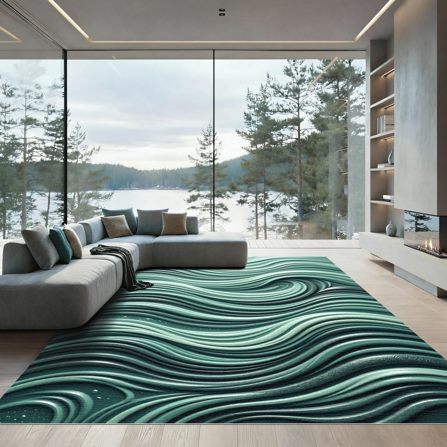 Teal Abstract Coastal Swirl Relief Rug