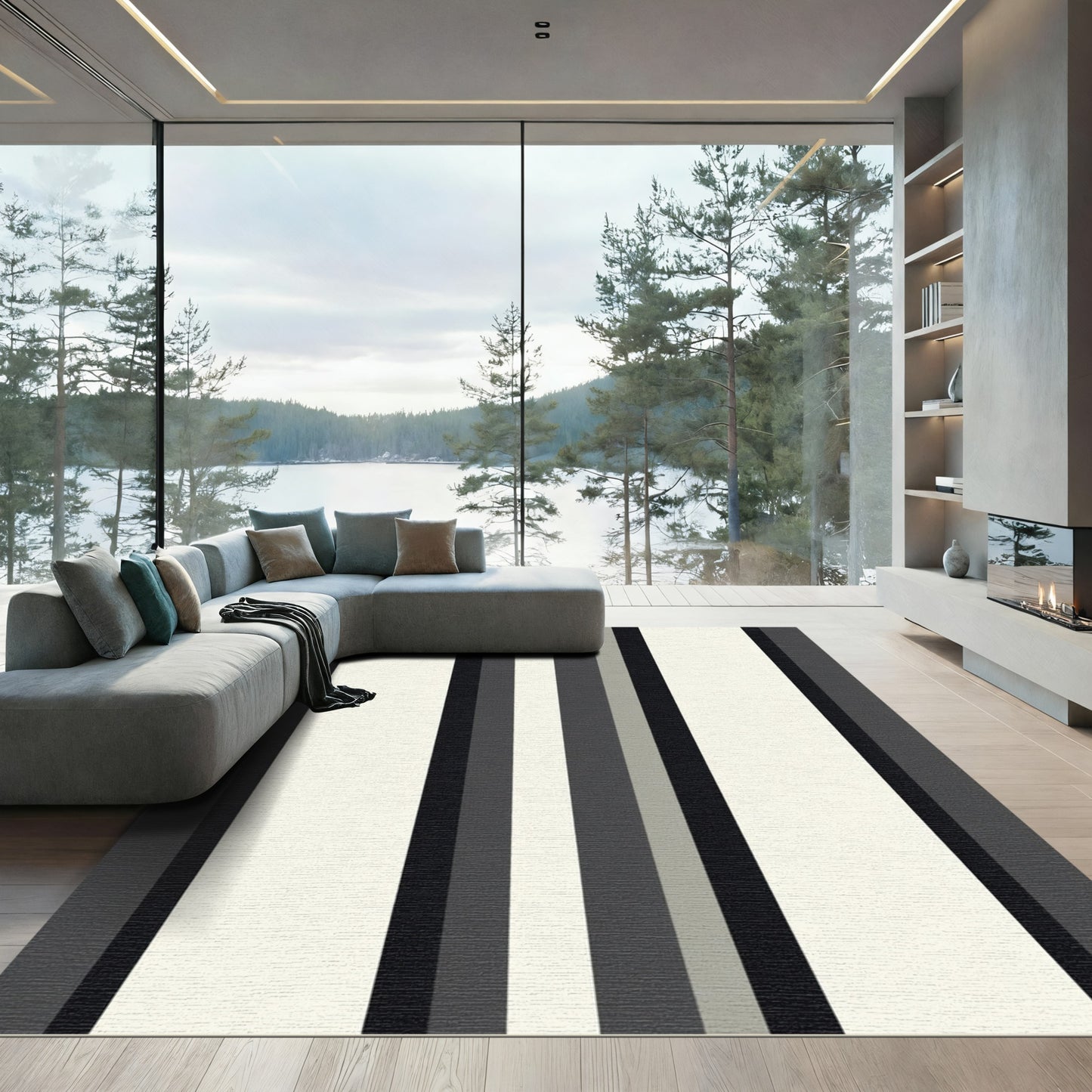 Modern Charcoal Cream Vertical Stripe Rug
