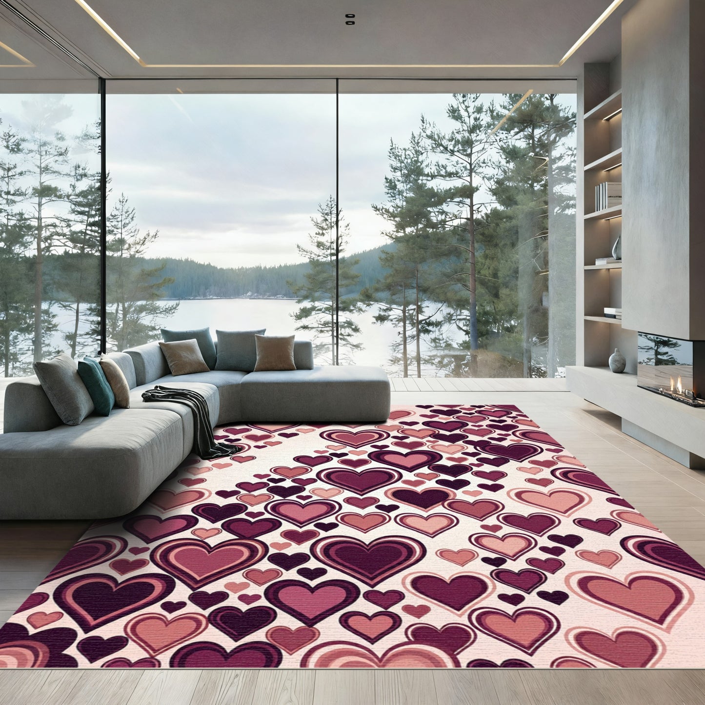 Berry Pink Layered Heart Pattern Rug