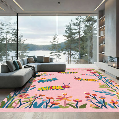 Whimsical Colorful Caterpillar Floral Border Rug