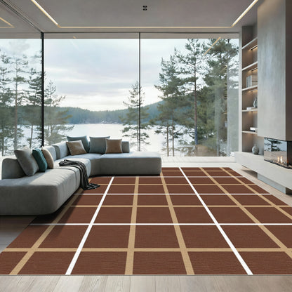 Brown Tan Geometric Grid Rug