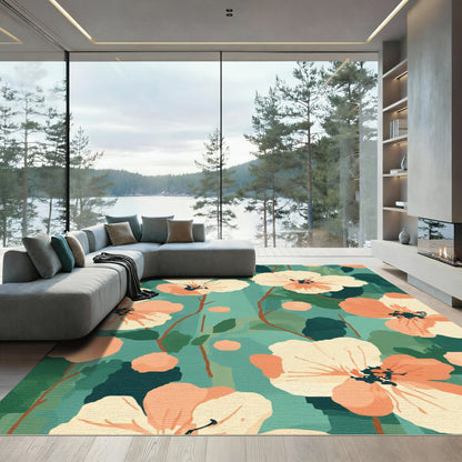 Coral Peach Blossom Garden Teal Rug