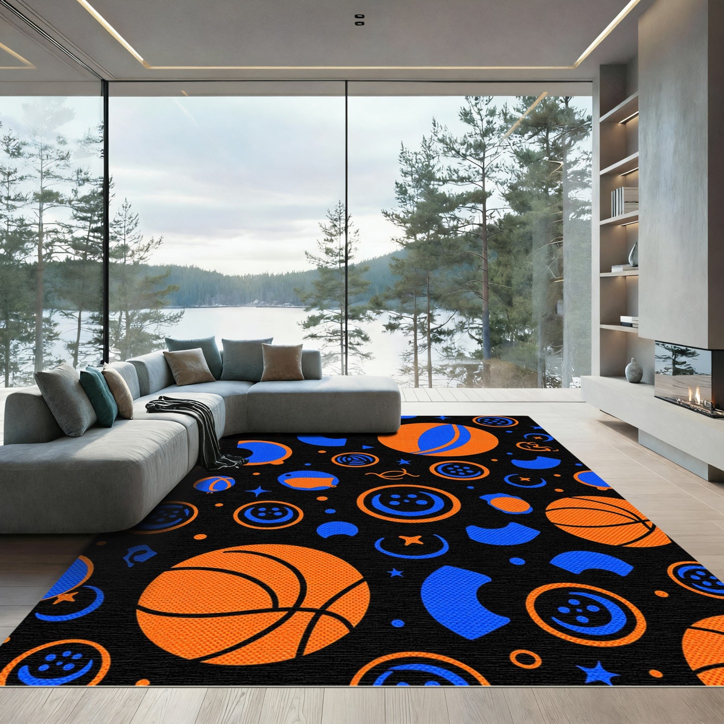 Orange Blue Basketball Round Shapes Rug