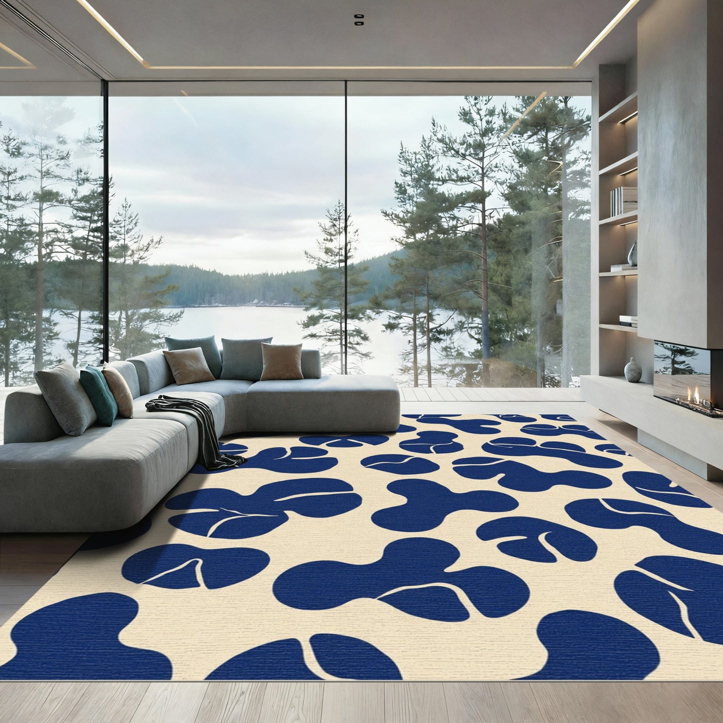 Deep Blue Organic Blob Composition Rug