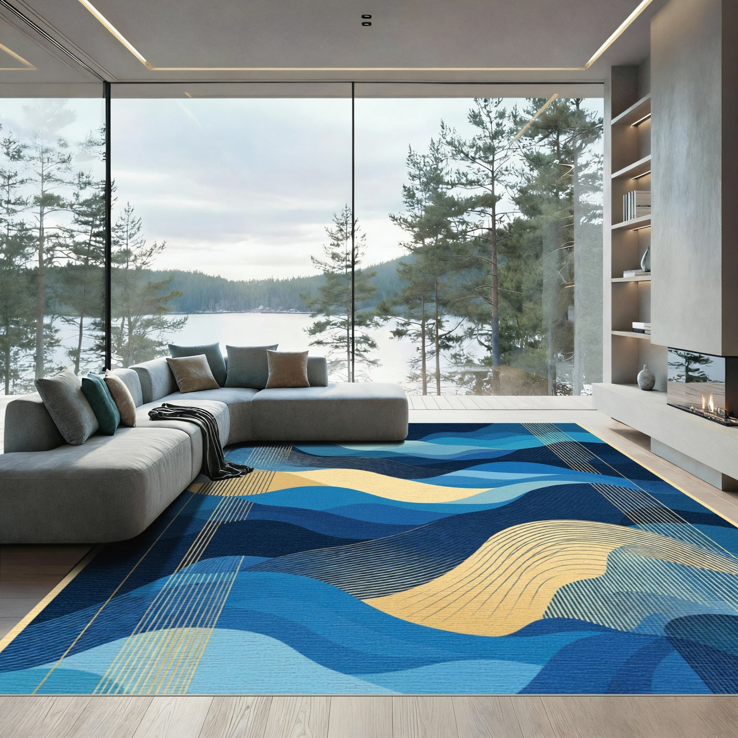 Abstract Deep Blue Golden Wave Rug