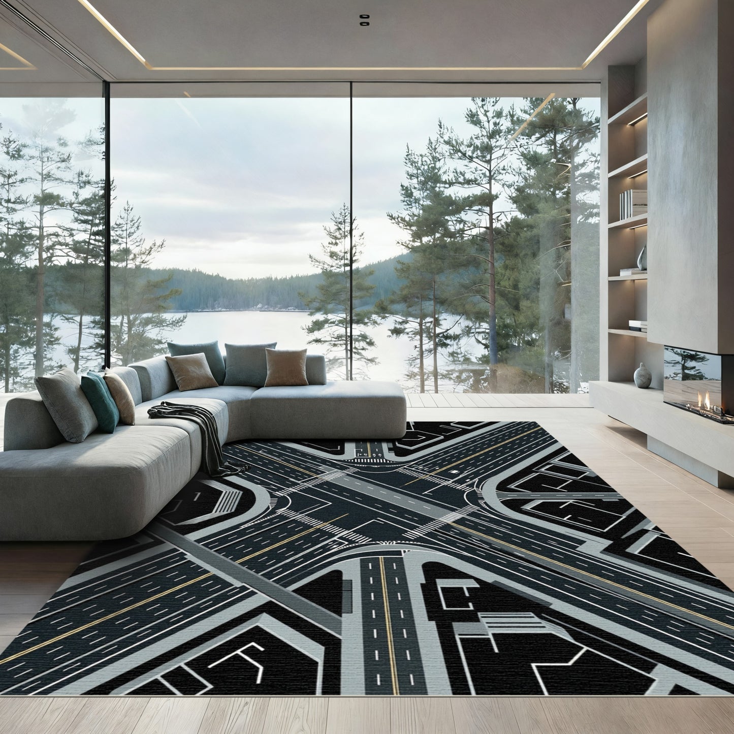 Urban Intersection Gray Black Cityscape Rug