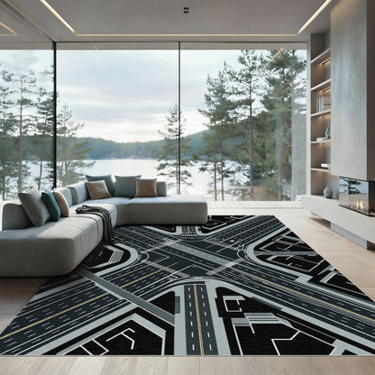 Urban Intersection Gray Black Cityscape Rug