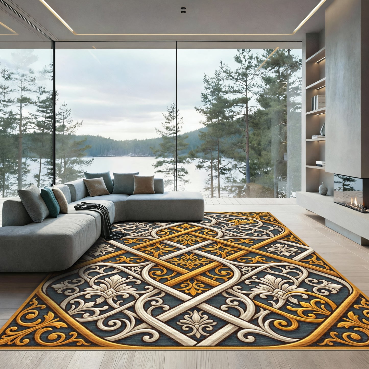 Gold White Intertwined Floral Scroll Rug
