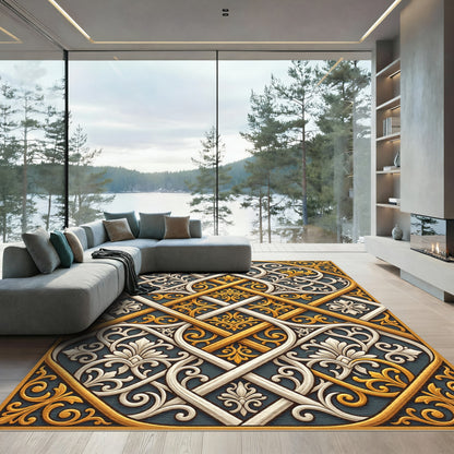 Gold White Intertwined Floral Scroll Rug