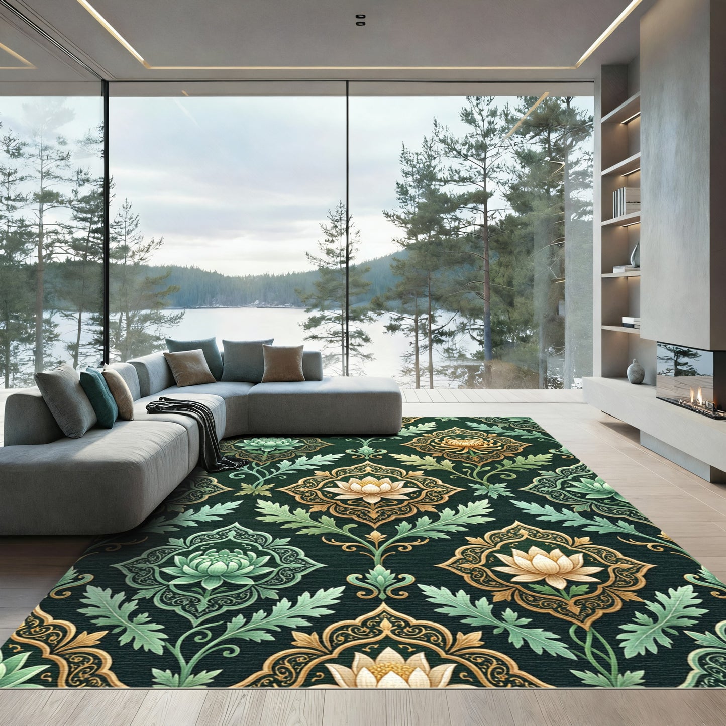 Emerald Golden Lotus Medallion Tapestry Rug