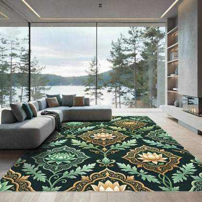 Emerald Golden Lotus Medallion Tapestry Rug