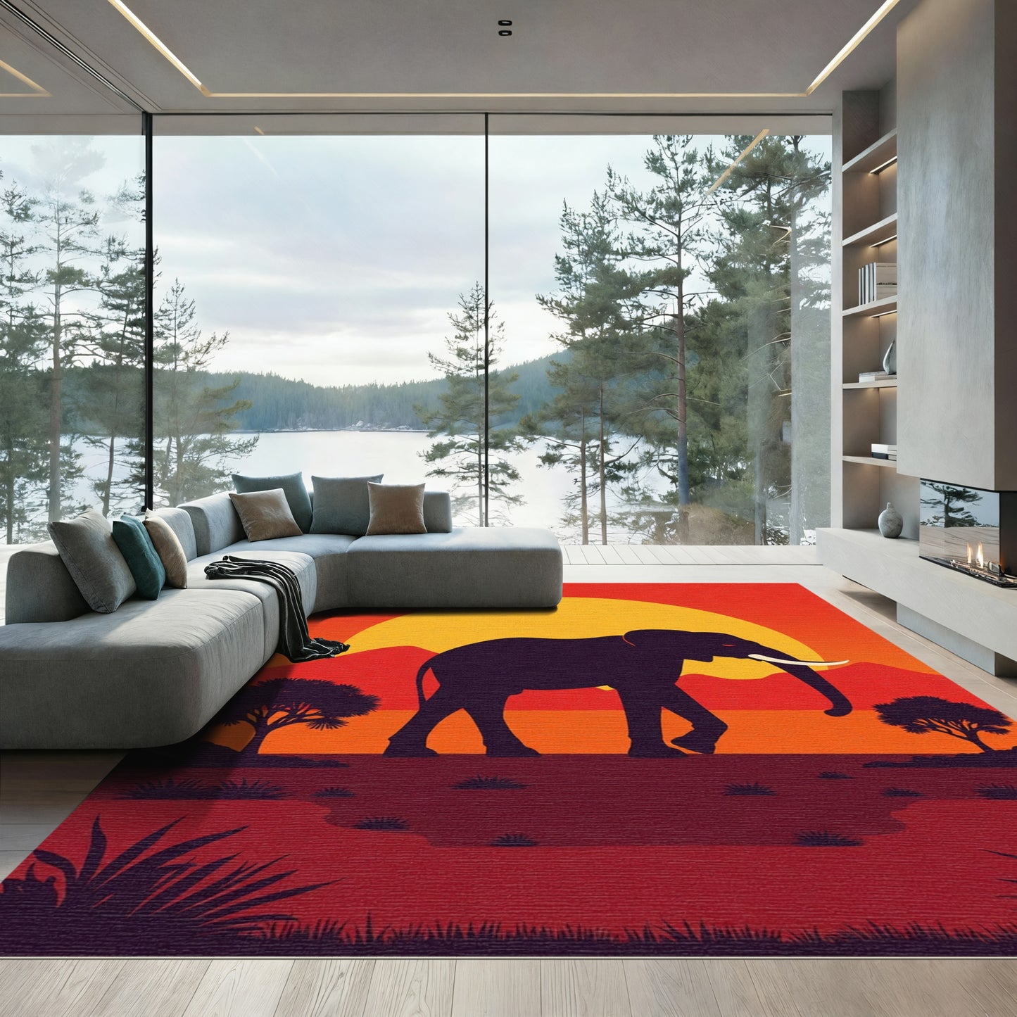 Sunset Elephant African Savannah Rug