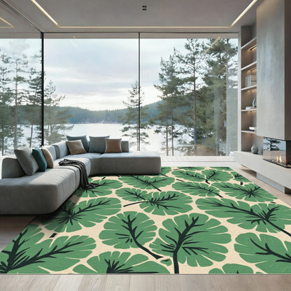 Large Green Tropical Leaf Pattern Rug