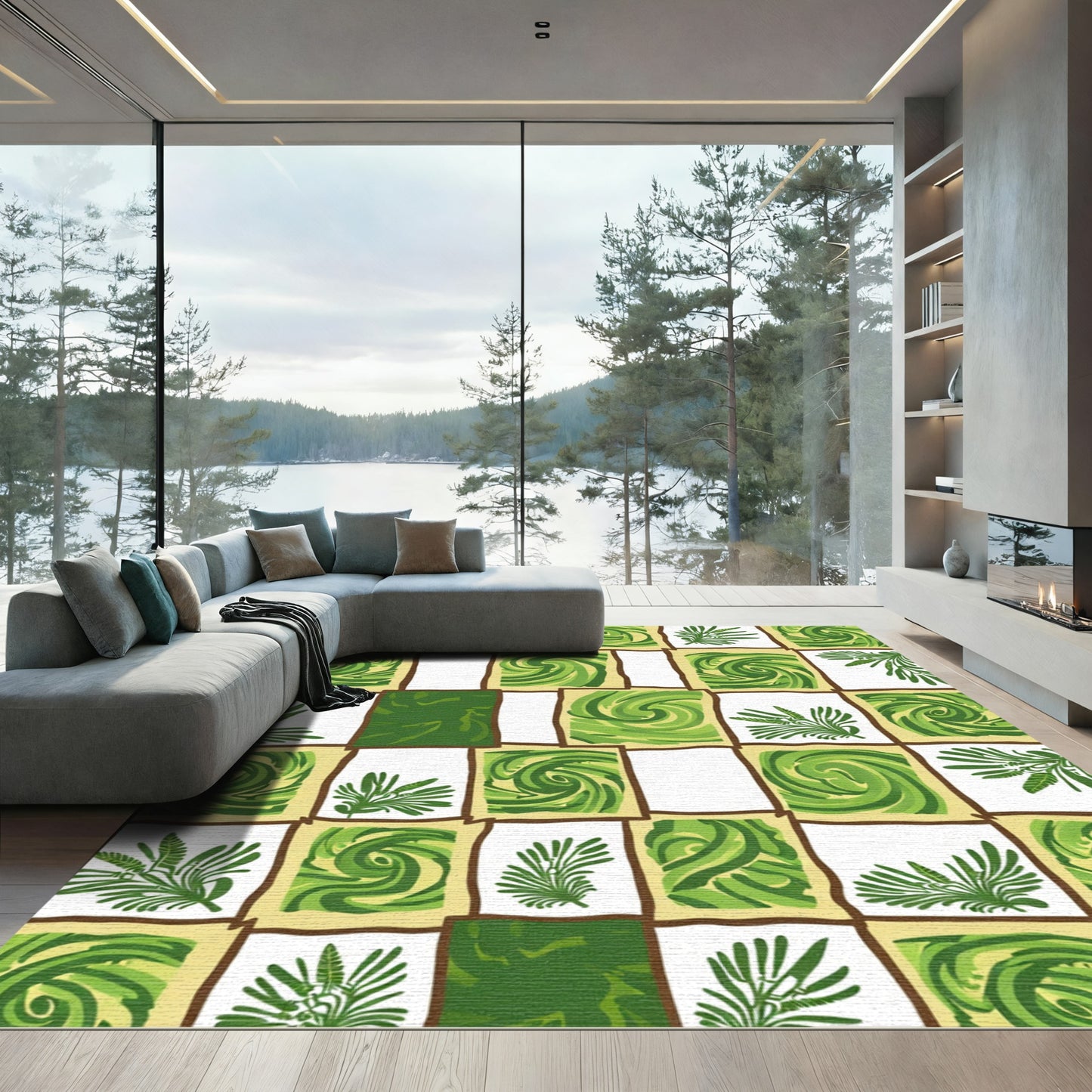 Green Fern Swirl Checkerboard Rug
