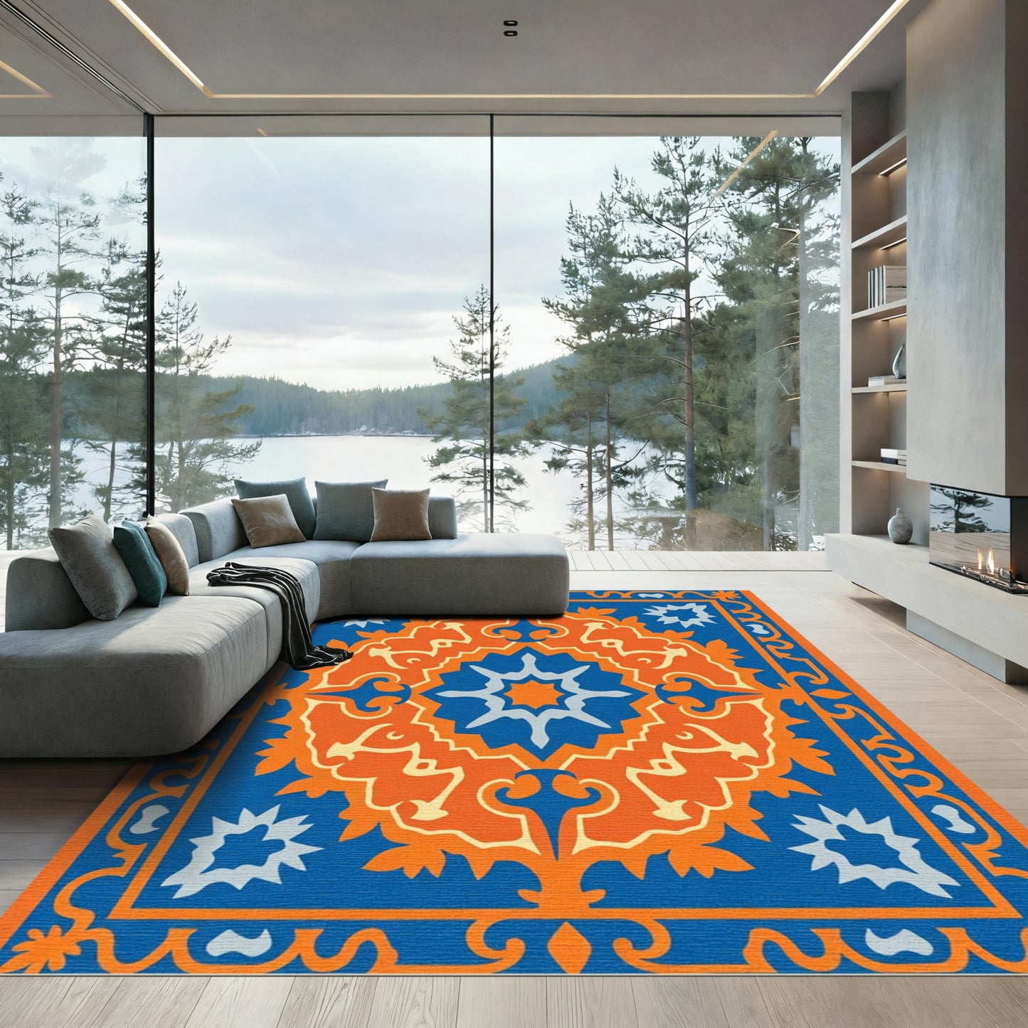 Vibrant Orange Blue Medallion Rug