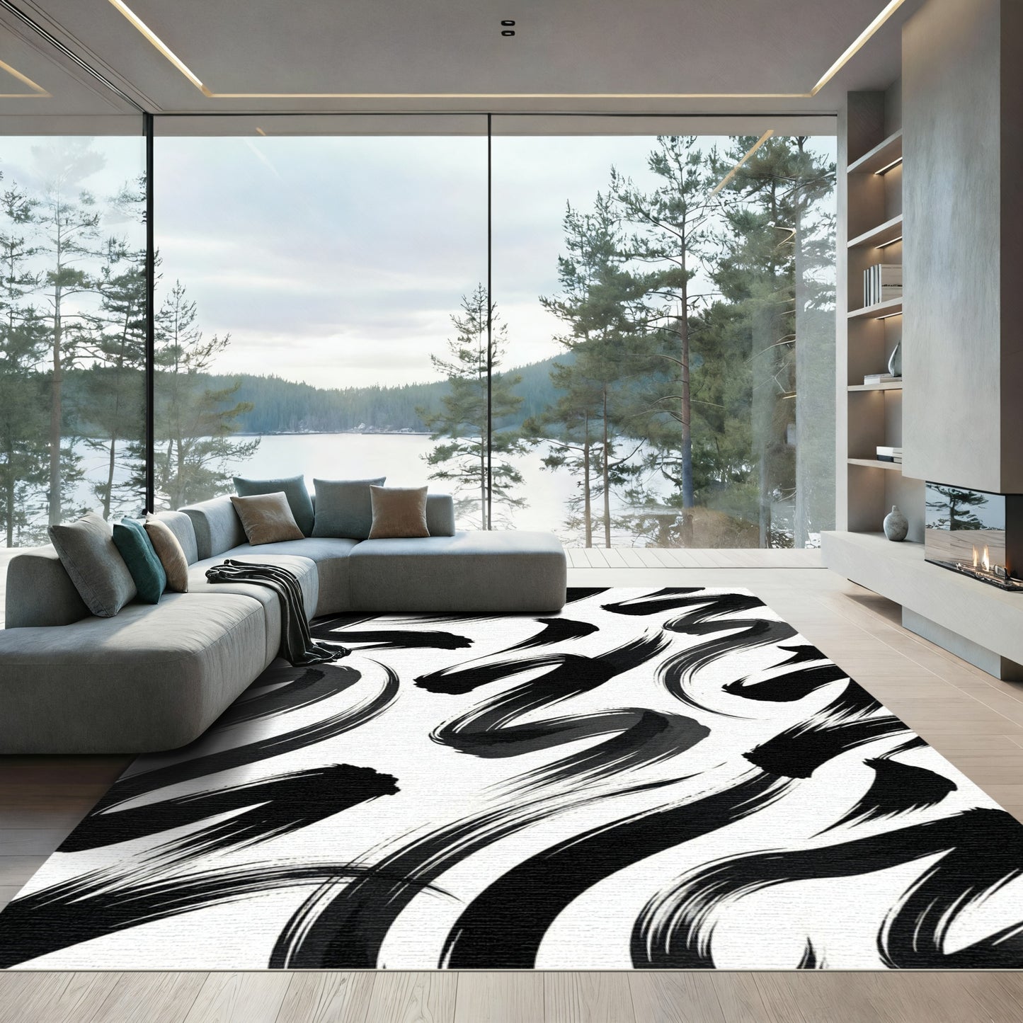 Modern Black and White Abstract Brushstroke Rug