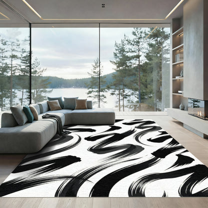Modern Black and White Abstract Brushstroke Rug