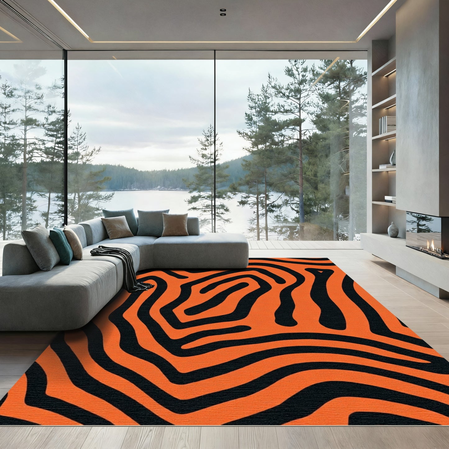 Wild Abstract Orange Black Zebra Curves Rug