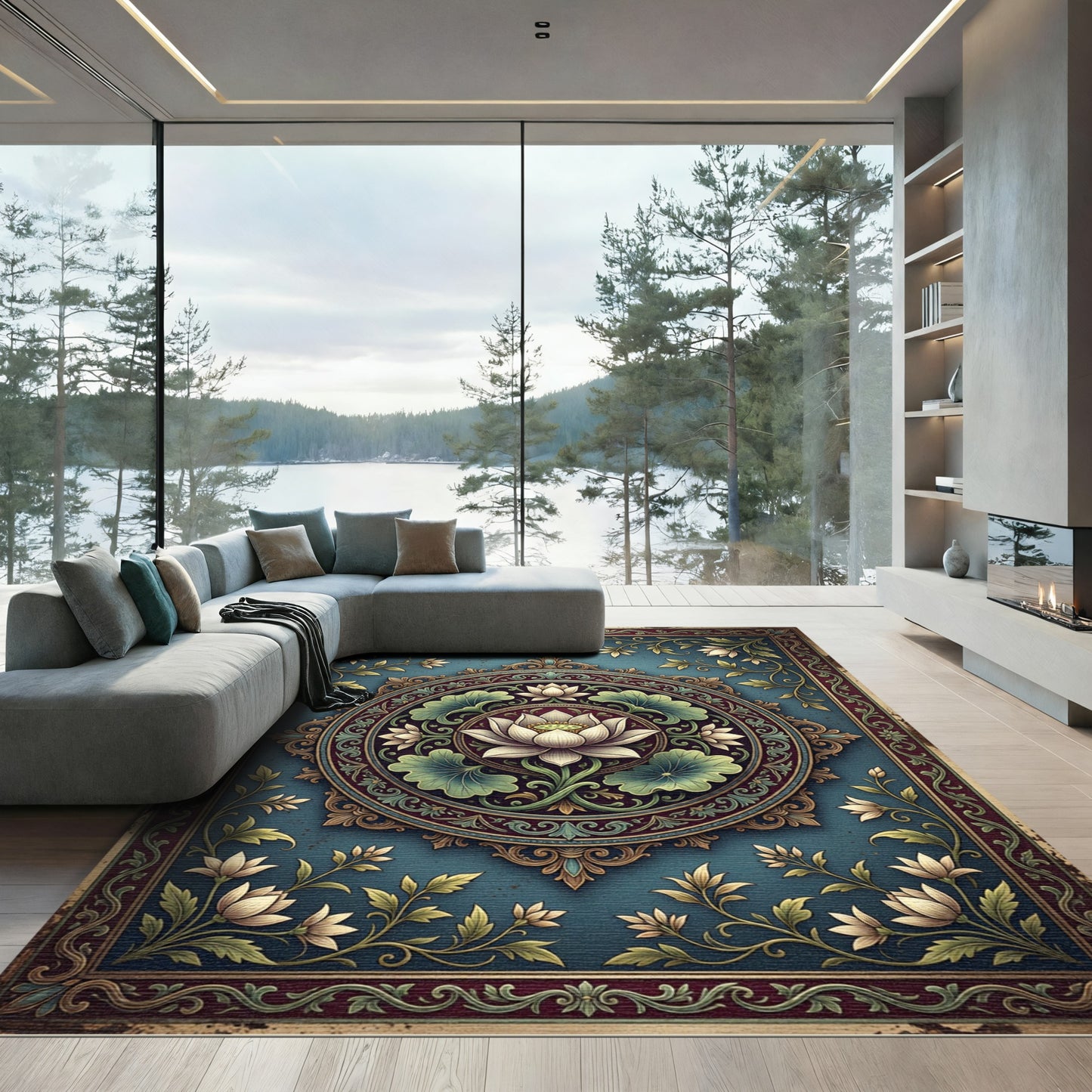 Elegant Lotus Medallion Teal Floral Art Rug