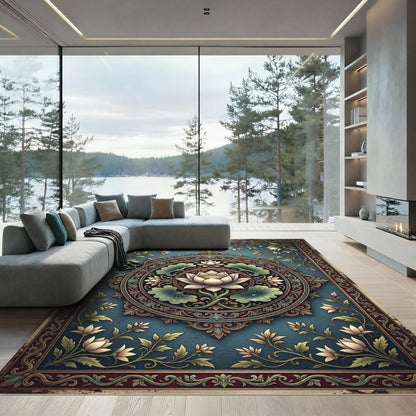 Elegant Lotus Medallion Teal Floral Art Rug