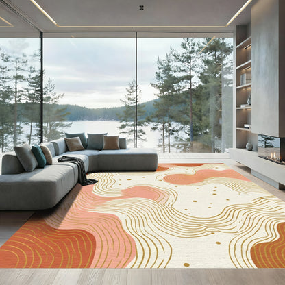 Crimson Coral Abstract Wavy Lines Rug