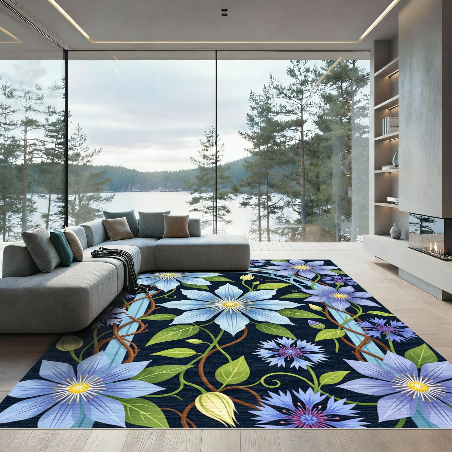 Botanical Clematis Cornflower Navy Floral Rug