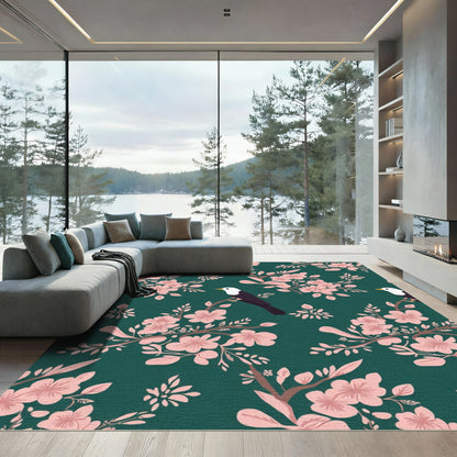 Pink Blossom Bird Branch Teal Rug