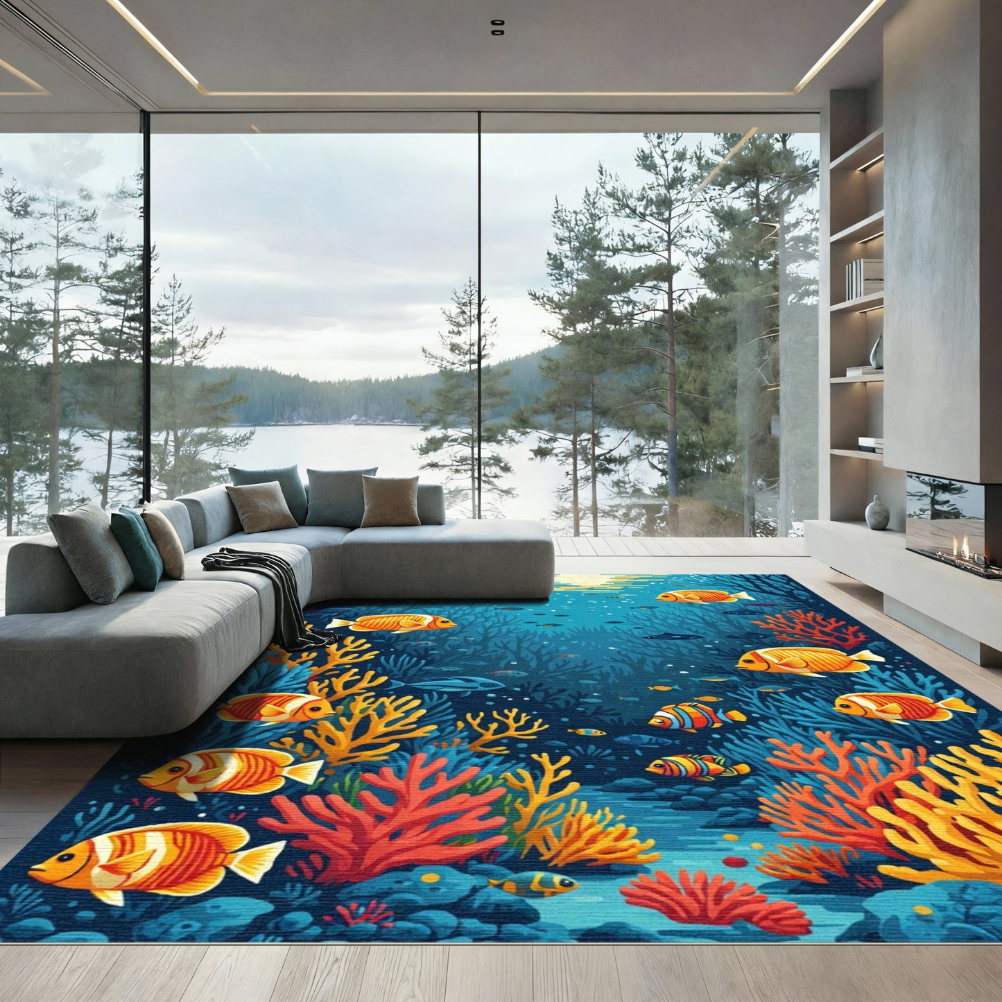 Vibrant Orange Fish Coral Scene Rug