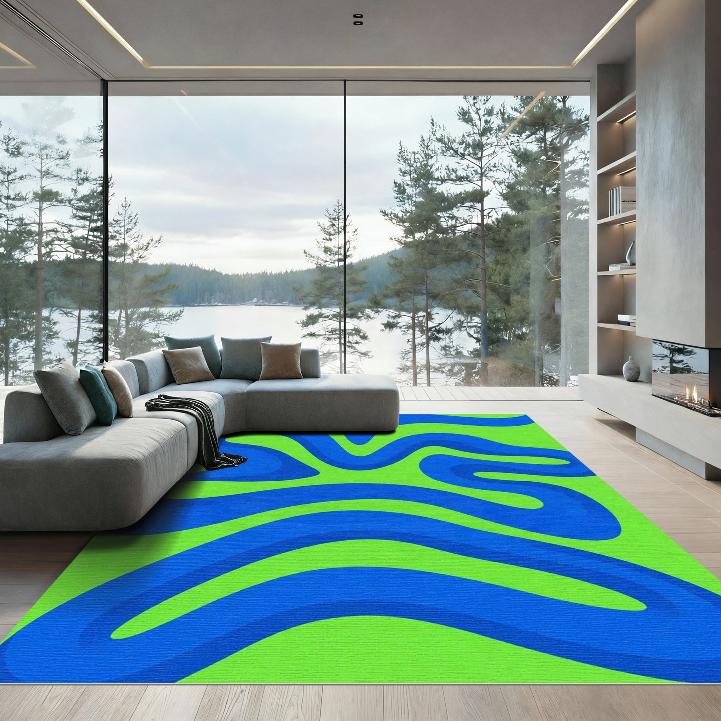 Vibrant Blue Wavy Stripes Rug