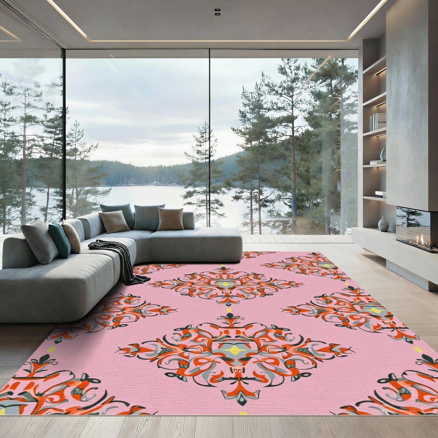 Pink Floral Medallion Abstract Composition Rug