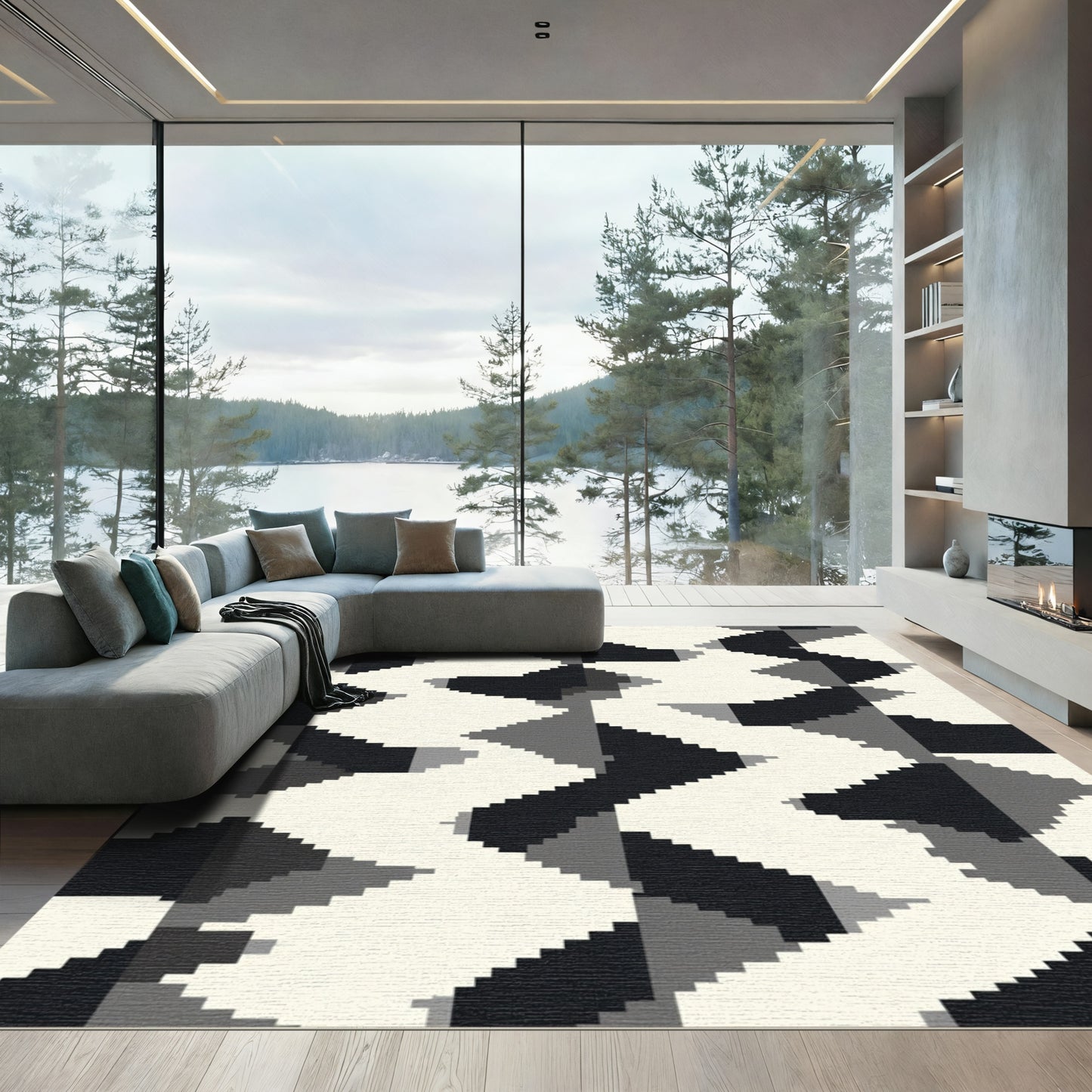 Geometric Zigzag Monochrome Pixel Rug