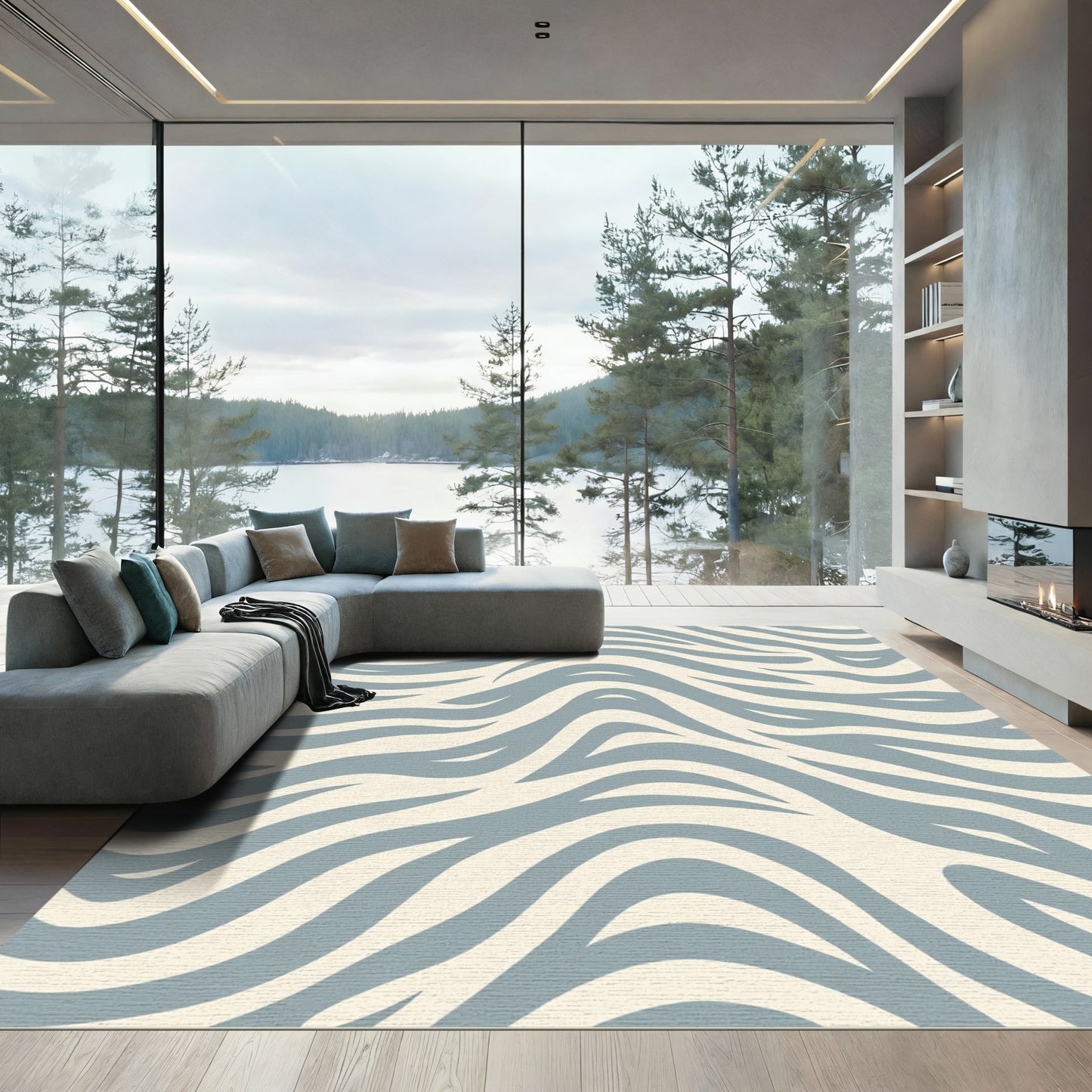 Soft Blue Cream Wavy Stripes Rug