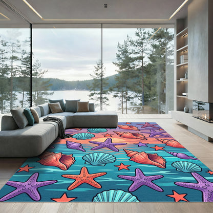 Vibrant Coastal Seashell Starfish Sunset Art Rug