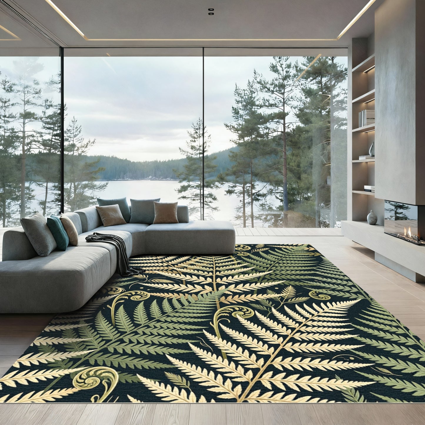 Elegant Golden Fern Botanical Dark Background Rug