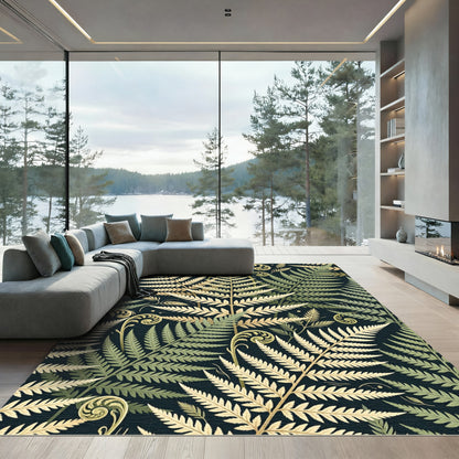 Elegant Golden Fern Botanical Dark Background Rug