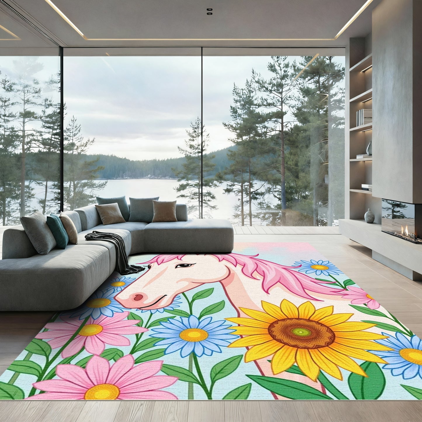 Pink Unicorn Meadow Floral Garden Rug