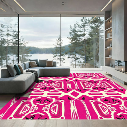 Bold Pink Ivory Tribal Faces Rug
