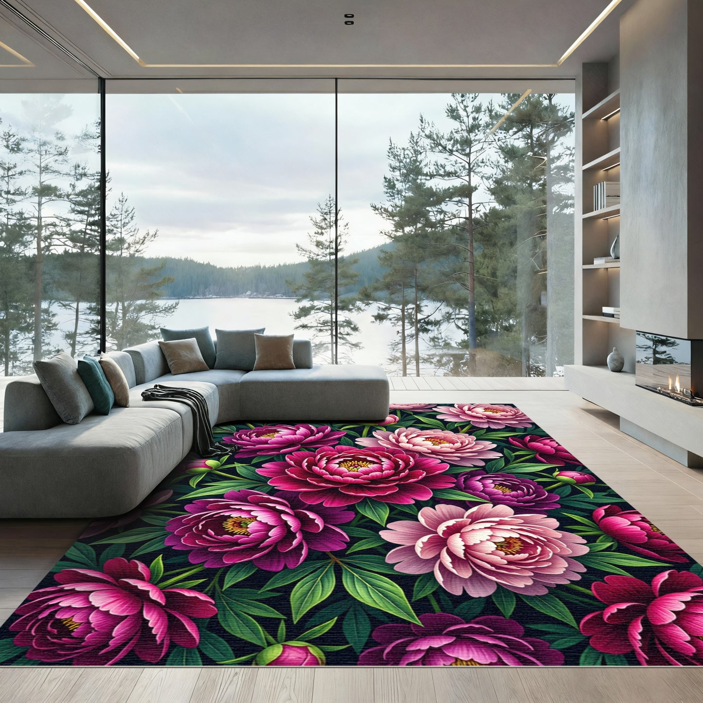 Deep Pink Peony Floral Garden Rug