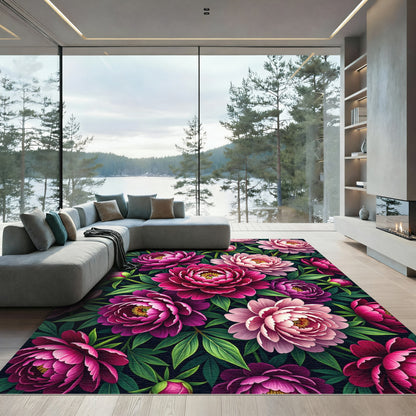 Deep Pink Peony Floral Garden Rug