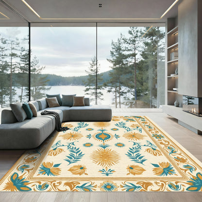 Teal Gold Floral Sunburst Border Rug