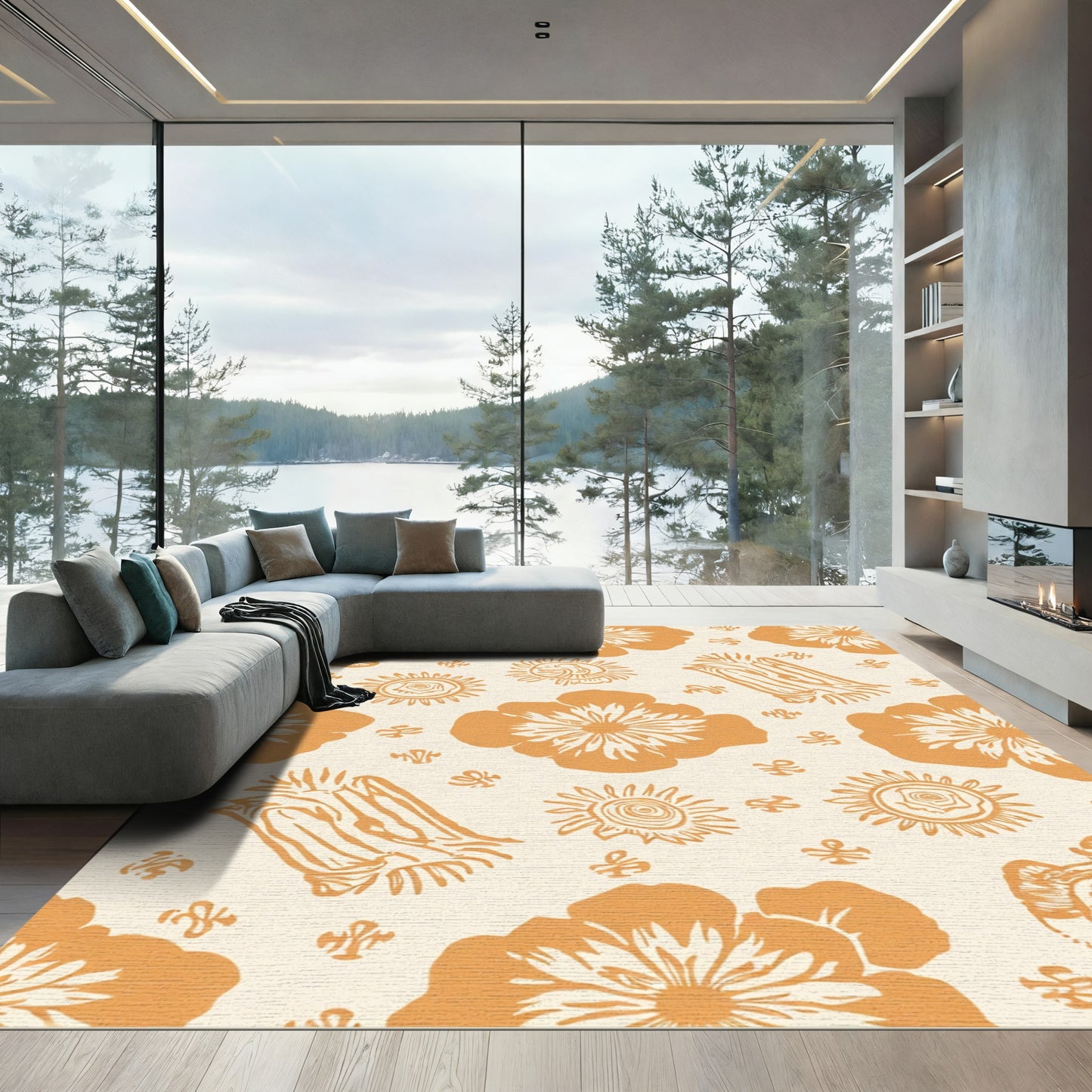Orange Floral Botanical Graphic Rug