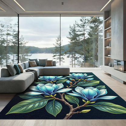 Vibrant Blue Magnolia Branch Blossom Rug