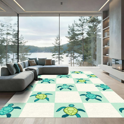 Playful Aqua Blue Turtle Checkered Rug