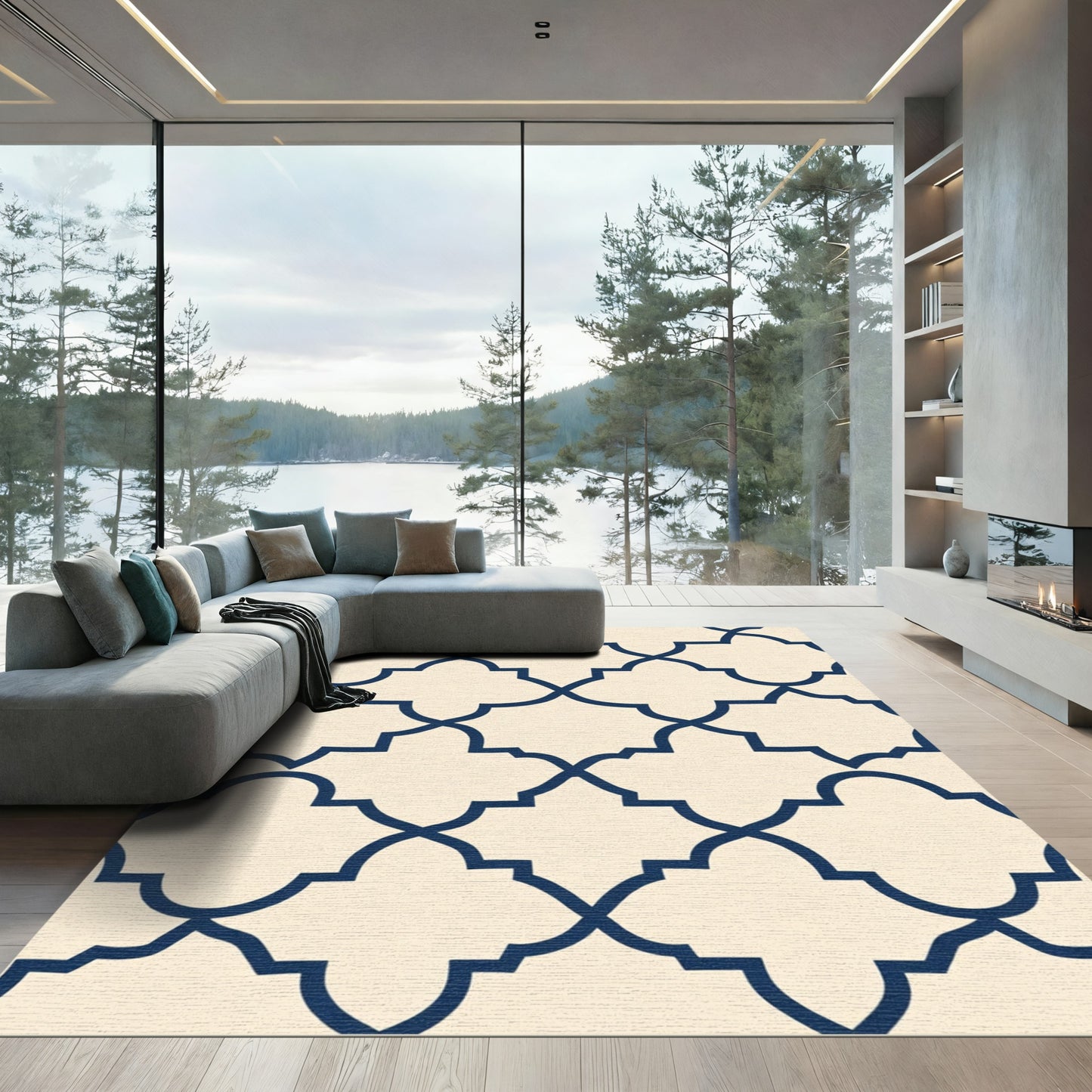 Navy Creme Quatrefoil Lattice Rug